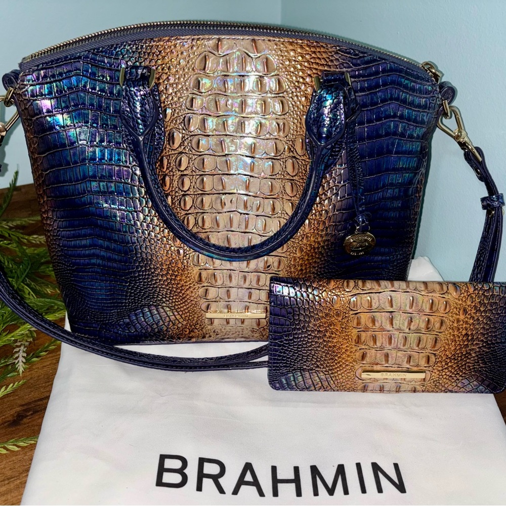 Brahmin Blue and Brown Multicolor Croc-Embossed Duxbury Satchel 2Pc Set.